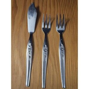 Vtg NASCO Stainless "Chintz Rose" Flatware Cocktail Forks & Butter Knife - Korea